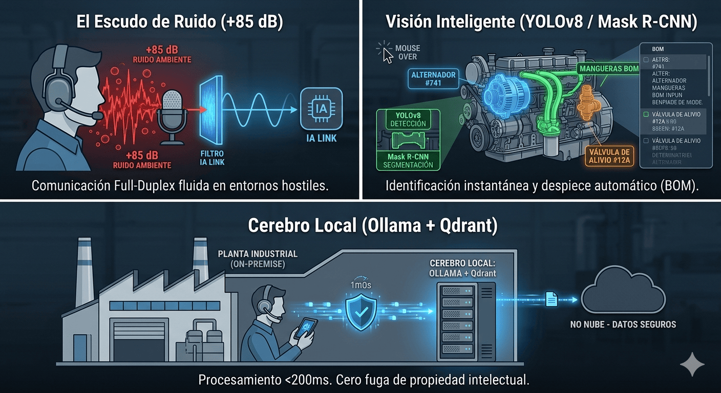 Diagrama de los tres pilares: escudo de ruido a +85 dB para la voz full-duplex, visión inteligente con YOLOv8 y Mask R-CNN, y cerebro local on-premise con Ollama y Qdrant.